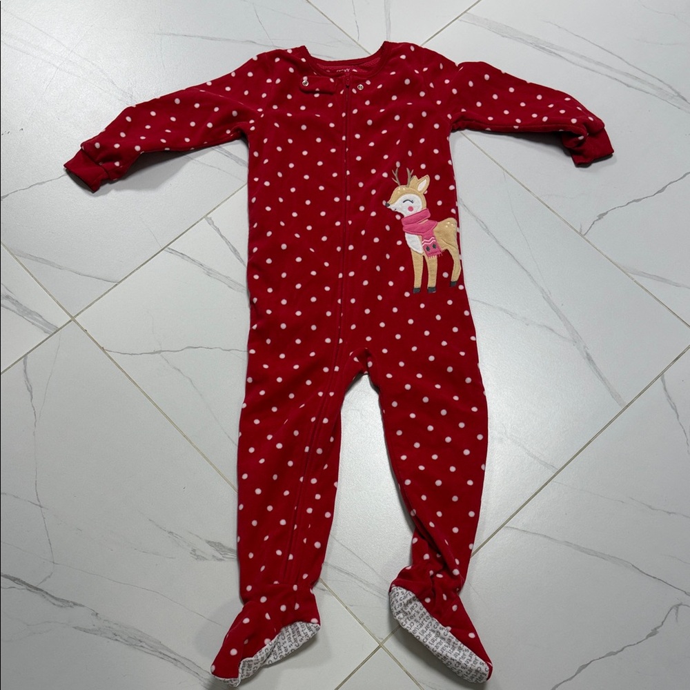 Red Polka Dot Kids One-Piece Sleeper with Reindeer Accent